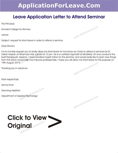 A official leave letter should be respectful, complete, and clear. Leave Application by Teacher for Attending a Seminar