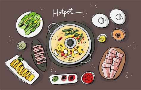 Vector black pot of gold coins isolated on a white background. Hotpot Ingredients Top View Hand Drawn vector Illustration ...