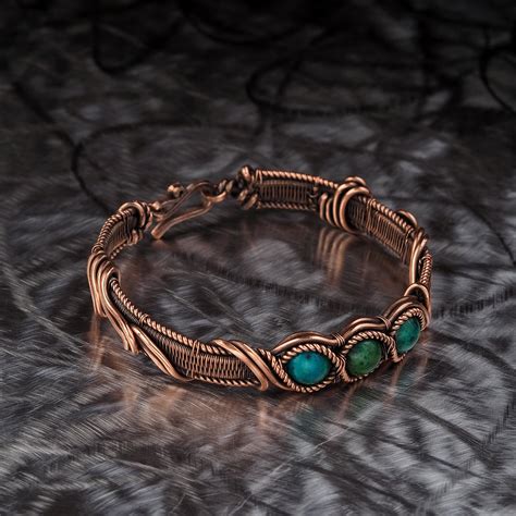 Copper Bracelet With сhrysocolla Wire Wrapped Bangle 7th Etsy