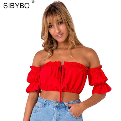 Sibybo Off Shoulder Tank Top Women Summer Sexy Lace Up Short Crop Top Casual Loose Ruffles