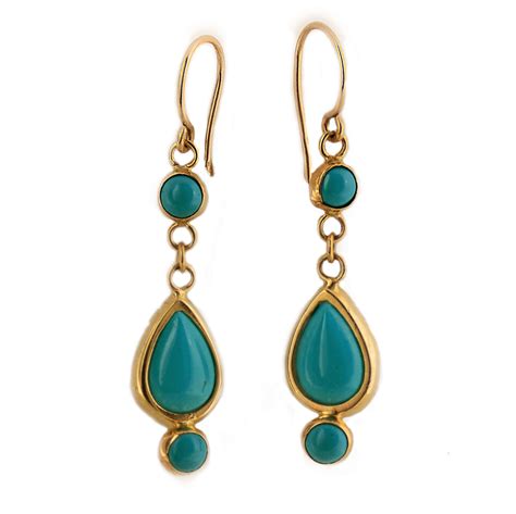 14K SOLID YELLOW GOLD 7X10mm Turquoise Teardrop Earrings HANDMADE EBay