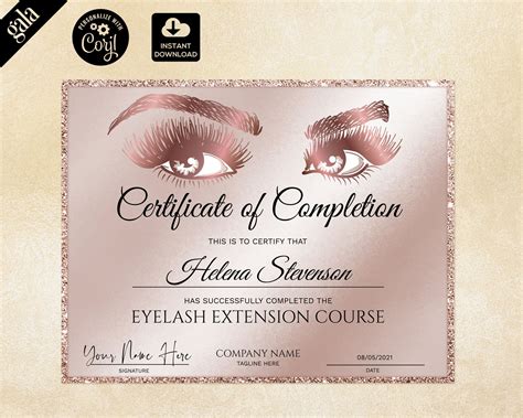 Certificate Of Completion Lashes Certificate Template Rose Etsy