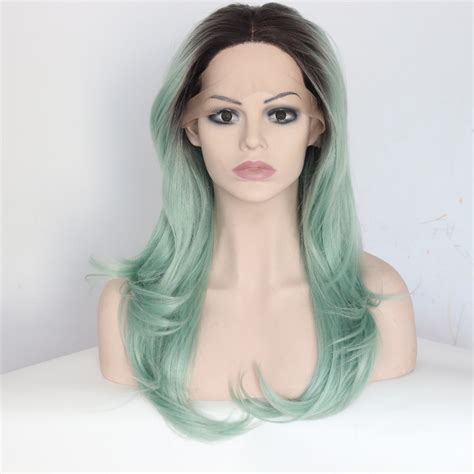 Dark Roots Green Wavy Synthetic Lace Front Wigs For Black Women