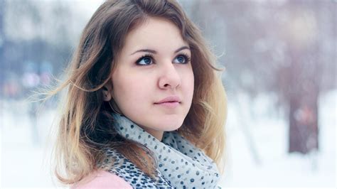 Winter Long Hair Pink Lipstick Cold Scarf Portrait Dmitry Belyaev Women Blonde