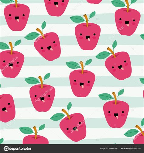 Apples Kawaii Fruits Pattern Set On Decorative Lines Color Background Stock Vector Image By