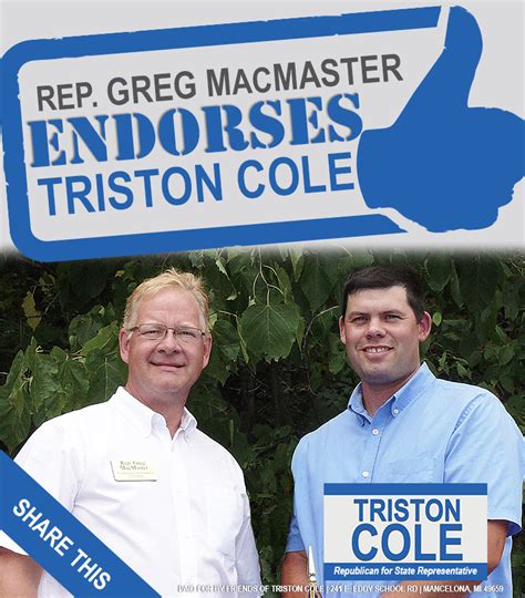 Rep Greg Macmaster Endorses Triston Cole For Th District Antrim