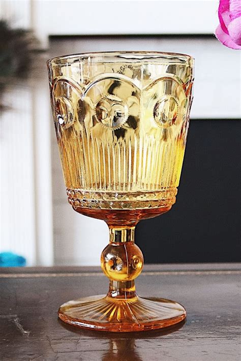 Mid Century Amber Drinking Goblets Set Of 6 Pressed Amber Pedestal Glass Wine Goblets Vintage