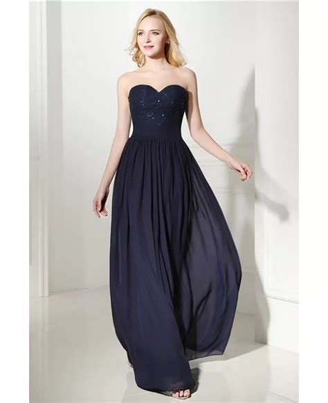 Flowy Chiffon Long Evening Dress Navy Blue With Sweetheart Lace H76126