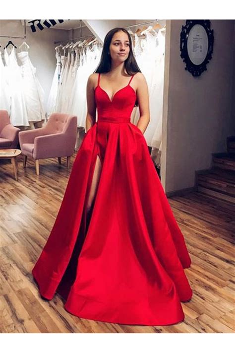 A Line Long Red Satin Prom Dresses Formal Evening Gowns