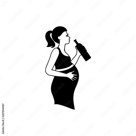 Black And White Silhouette Of Pregnant Woman Drinking Alcohol Vector Illustration Stock Vector