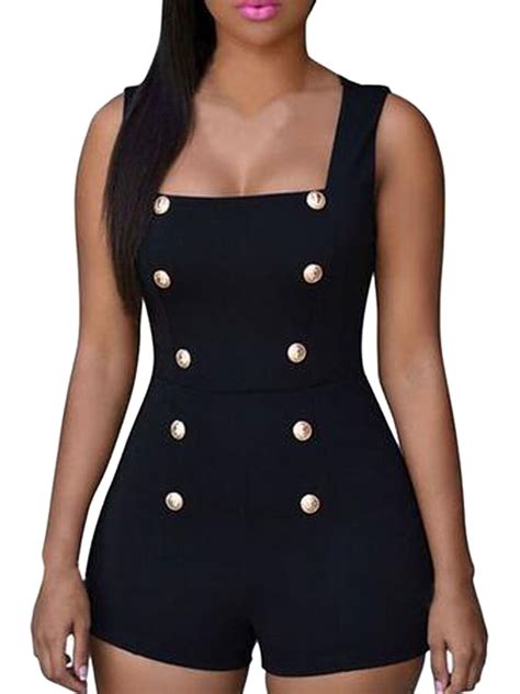 Front Button Jumpsuit Sleeveless Black Tank Short Playsuits Low Cut Sexy Club Bodycon Romper