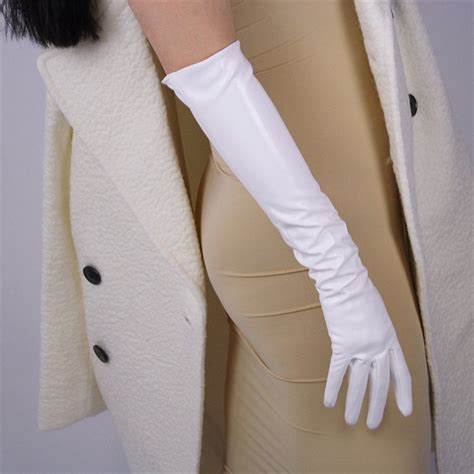 Long Style Patent Leather Gloves Imitation Genuine Leather 50cm Fashion Bright Leather White