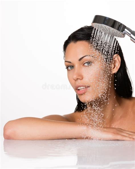 Beautiful Brunette Woman Holds Shower In Hands Stock Image Image Of Bathroom Washing 37869089