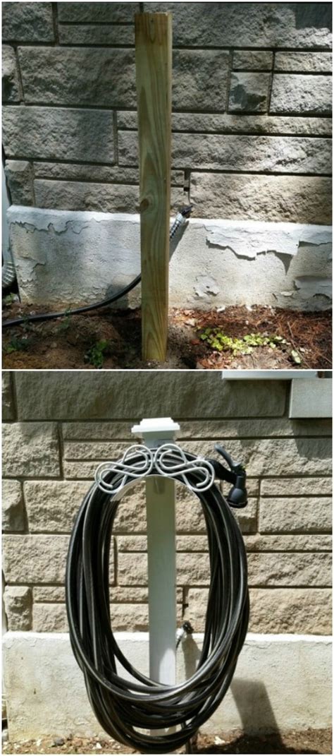 You can hang the wheel on your fence. 7 Decorative DIY Garden Hose Storage Ideas To Spruce Up ...