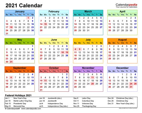 Printable Full Year Calendar 2021 Free Letter Templates