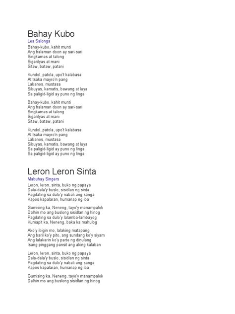 Lyrics Of Bahay Kubo Leronleron Sinta Sitsiritsit Pdf