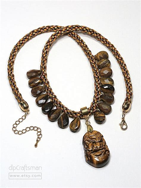 Tiger Eye Beaded Necklace With Pendant Kumihimo Braided Tiger Etsy