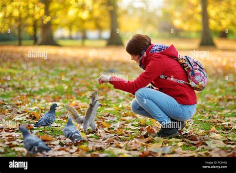 Young Female Tourist Feeding Squirrels And Pigeon In St Jamess Park In