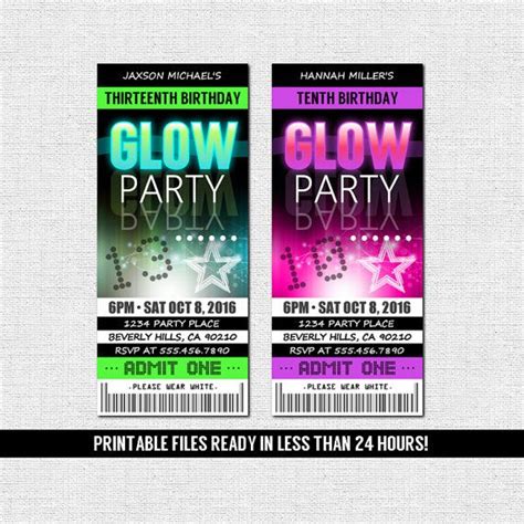 Glow Party Invitations Ticket Style Neon Birthday Party Instant