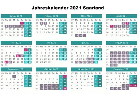Laden sie den monatskalender 2021 über den folgenden link kalender ausdrucken und aufhängen. Kostenlos Jahreskalender 2021 Saarland Zum Ausdrucken ...