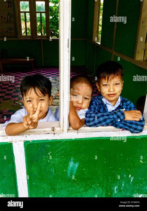 Burmese School Children Saying Hello Near Mandalay Myanmar Stock Photo