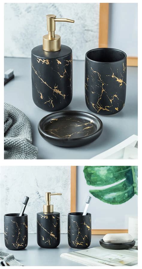 In using bathroom tiles, ceramic tiles are more durable and have longer life usage compared to other flooring materials. Black & Gold Marble Style Ceramic Bathroom Accessory Kit ...