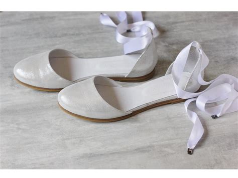 Satin Wedding White Lace Up Ballet Flats For Bride Silver Etsy