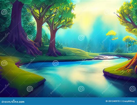 Abstract River Cartoon Style Background Illustration Of Forest Stream