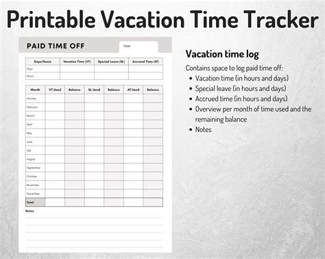 Vacation Time Tracker Paid Time Off Log Printable Logs For Etsy España