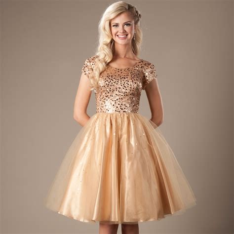 Gold Sequins Tulle Short Modest Prom Dresses Cap Sleeves A Line
