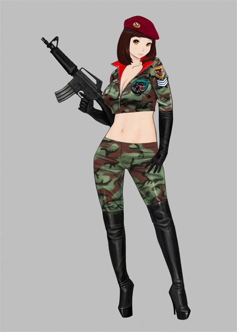 Safebooru 1girl Assault Rifle Beret Boots Breasts Brown Eyes Brown Hair Camouflage Car 15
