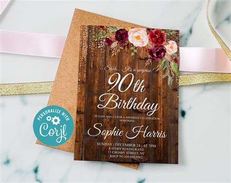 Editable Surprise 90th Birthday Invitation Rustic Floral Birthday