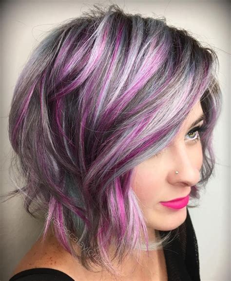 Gray Bob With Purple Highlights Messy Bob Hairstyles Hair Styles