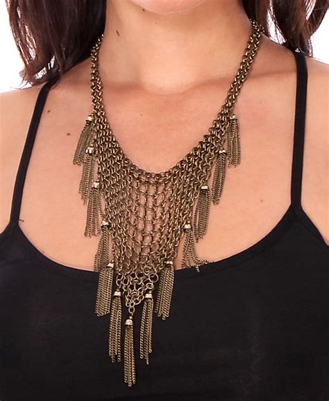 Antique Bronze Chainmail Necklace With Chain Tassels At