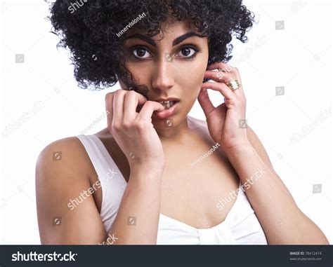 Portrait Of Beautiful Happy Mulatto Girl With Smooth Skin And Dark Curly Hair Isolated Stock
