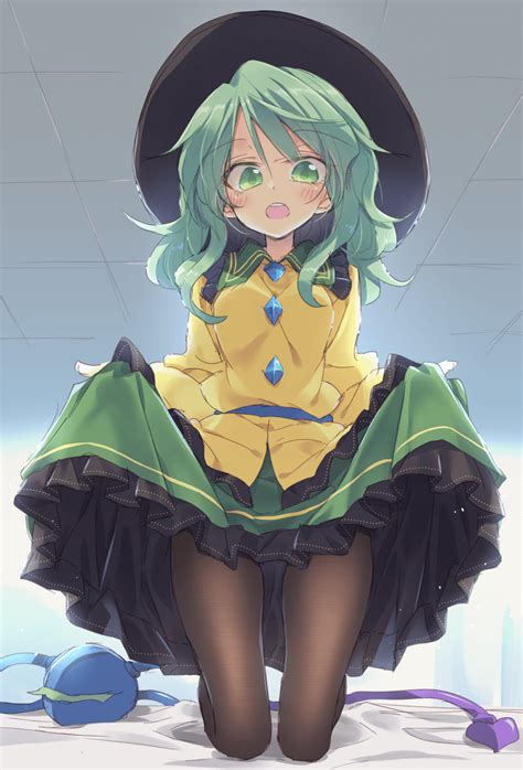 safebooru 1girl bed sheet black legwear blush breasts green eyes green hair green skirt