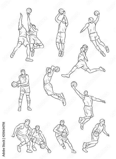 Vector Set Of Basketball Players Sketch And Drawing Stock Vector