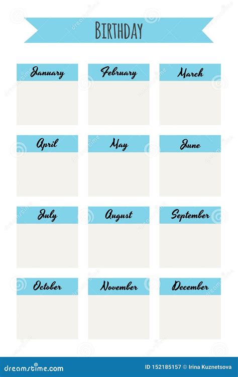 Template Birthday List Simple Monthly Planner With Blue Stock Vector