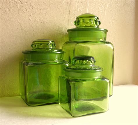 Set Of 3 Emerald Green Glass Jars With Frosted Ground Lids