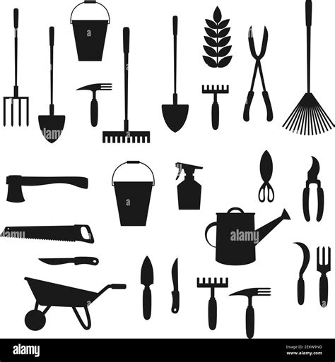 Garden Tool And Lawn Care Equipment Black Silhouettes Of Gardening And