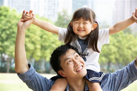 Chinese Father Giving Daughter Ride On Shoulders Stock Image Image Of Affectionate Horizontal