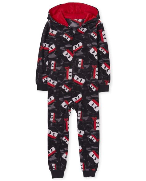 Boys Long Sleeve Ninja Fleece Hooded One Piece Pajamas
