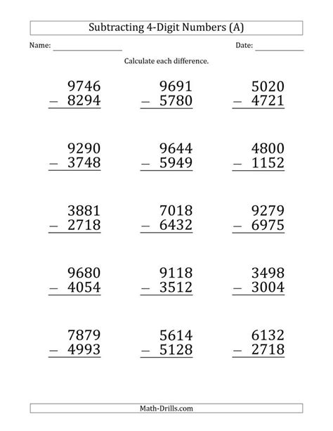 The subtraction methods are quite easy that you can. The Large Print 4-Digit Minus 4-Digit Subtraction (A) Math Worksheet from the Subtraction ...