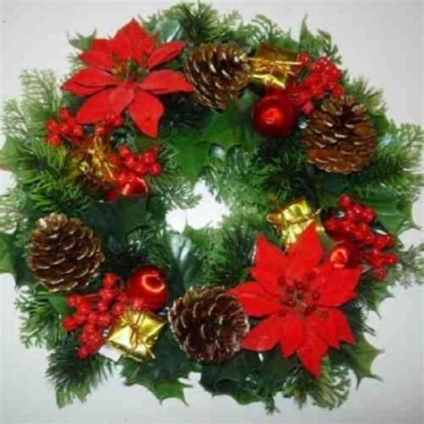 Artificial Holly And Pine Cones Red Poinsettias Wreath
