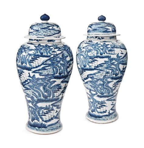 A Large Pair Of Chinese Blue And White Vases And Covers Modern Christie S