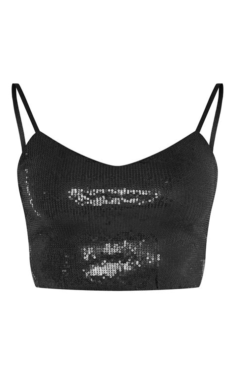 Black Strappy Sequin Crop Top Tops Prettylittlething