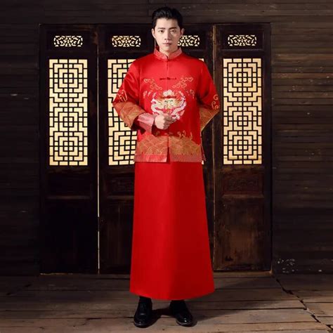 Bridegroom Wedding Toast Costumes Male Red Cheongsam Chinese Style