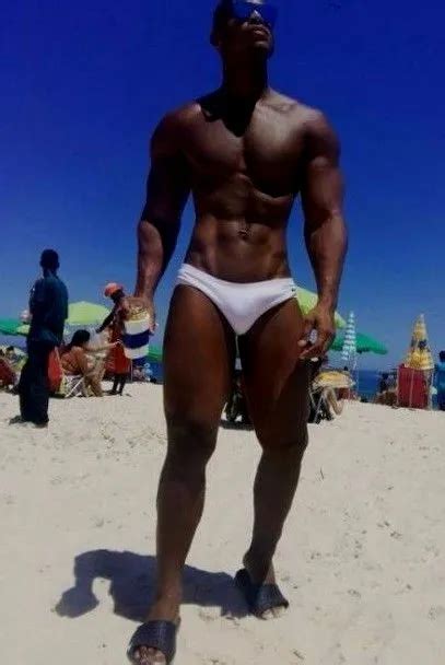 Shirtless Male Muscular African American Speedo Jock Hunk Beach Photo