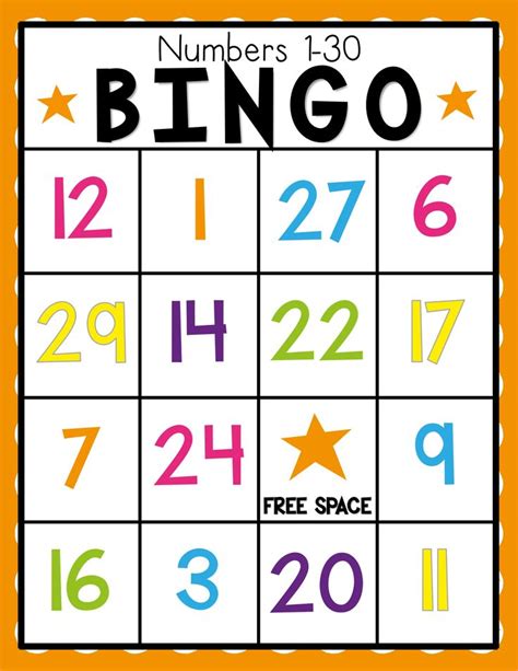 The Numbers 1 30 Bingo Game Is Shown In Orange And White With Stars On It
