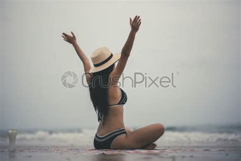 Sexy Beautiful Woman On Beach Summer Vacation In Bikini Sitting Stock